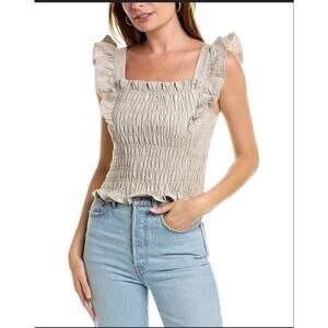 Line & Dot Eileen ruffle sleeve cropped smock top womens beige Sz XS cottagecore